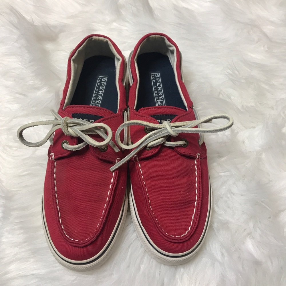 Sperry Red Canvas Boat Shoes with White Laces